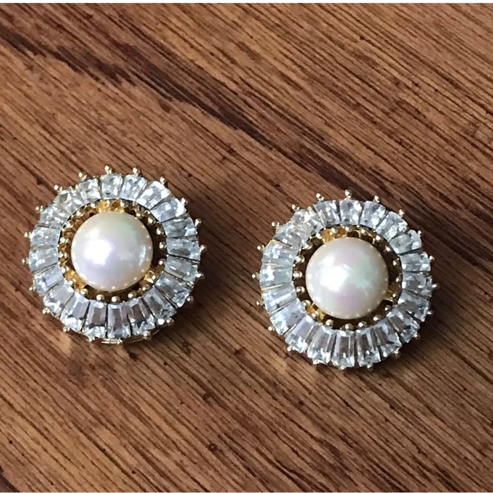 Vintage CHRISTIAN DIOR signed earrings crystal faux pearl gold tone clip on